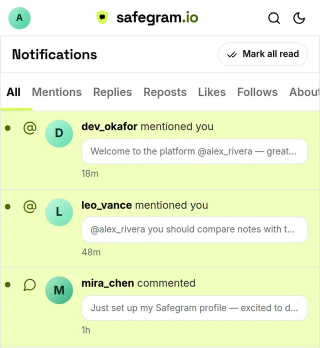 Notifications screen in the Safegram app